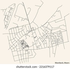 Detailed navigation black lines urban street roads map of the MEERBECK QUARTER of the German regional capital city of Moers, Germany on vintage beige background