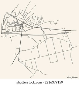 Detailed navigation black lines urban street roads map of the VINN QUARTER of the German regional capital city of Moers, Germany on vintage beige background