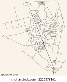 Detailed navigation black lines urban street roads map of the SCHWAFHEIM QUARTER of the German regional capital city of Moers, Germany on vintage beige background