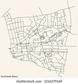 Detailed navigation black lines urban street roads map of the HOCHSTRASS QUARTER of the German regional capital city of Moers, Germany on vintage beige background