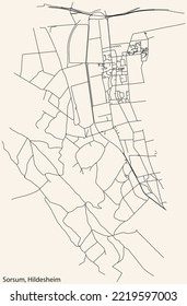 Detailed navigation black lines urban street roads map of the SORSUM MUNICIPALITY of the German regional capital city of Hildesheim, Germany on vintage beige background