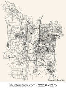Detailed navigation black lines urban street roads map of the German regional capital city of ERLANGEN, GERMANY on vintage beige background
