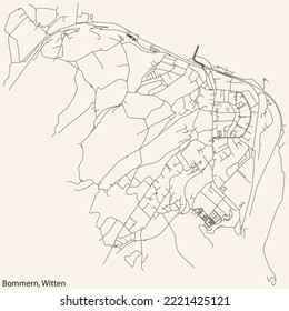 Detailed navigation black lines urban street roads map of the BOMMERN MUNICIPALITY of the German regional capital city of Witten, Germany on vintage beige background