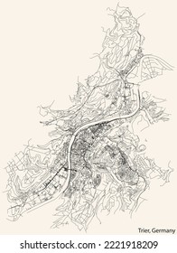Detailed navigation black lines urban street roads map of the German regional capital city of TRIER, GERMANY on vintage beige background