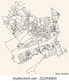 Detailed navigation black lines urban street roads map of the WEST MUNICIPALITY of the German regional capital city of Zwickau, Germany on vintage beige background