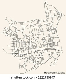 Detailed navigation black lines urban street roads map of the MARIENTHAL OST DISTRICT of the German regional capital city of Zwickau, Germany on vintage beige background