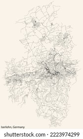 Detailed navigation black lines urban street roads map of the German regional capital city of ISERLOHN, GERMANY on vintage beige background