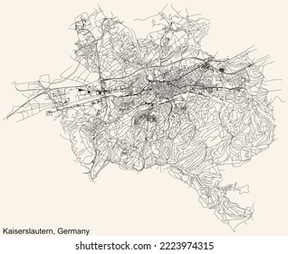 Detailed navigation black lines urban street roads map of the German regional capital city of KAISERSLAUTERN, GERMANY on vintage beige background