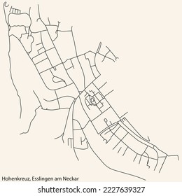 Detailed navigation black lines urban street roads map of the HOHENKREUZ MUNICIPALITY of the German regional capital city of Esslingen, Germany on vintage beige background