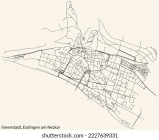 Detailed navigation black lines urban street roads map of the INNENSTADT MUNICIPALITY of the German regional capital city of Esslingen, Germany on vintage beige background