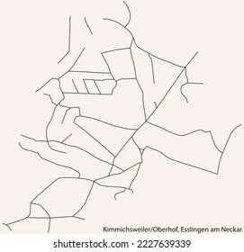 Detailed navigation black lines urban street roads map of the KIMMICHSWEILER-OBERHOF MUNICIPALITY of the German regional capital city of Esslingen, Germany on vintage beige background