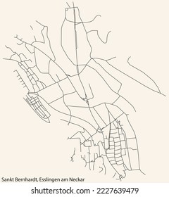 Detailed navigation black lines urban street roads map of the SANKT BERNHARDT MUNICIPALITY of the German regional capital city of Esslingen, Germany on vintage beige background