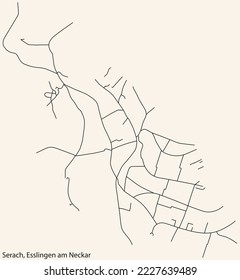 Detailed navigation black lines urban street roads map of the SERACH MUNICIPALITY of the German regional capital city of Esslingen, Germany on vintage beige background