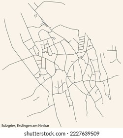Detailed navigation black lines urban street roads map of the SULZGRIES MUNICIPALITY of the German regional capital city of Esslingen, Germany on vintage beige background