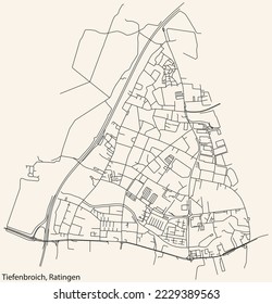 Detailed navigation black lines urban street roads map of the TIEFENBROICH MUNICIPALITY of the German regional capital city of Ratingen, Germany on vintage beige background