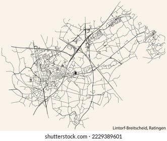 Detailed navigation black lines urban street roads map of the LINTORF-BREITSCHEID MUNICIPALITY of the German regional capital city of Ratingen, Germany on vintage beige background