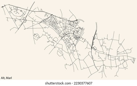 Detailed navigation black lines urban street roads map of the ALT-MARL MUNICIPALITY of the German regional capital city of Marl, Germany on vintage beige background