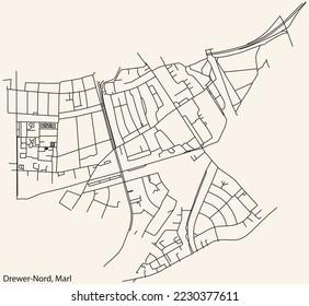 Detailed navigation black lines urban street roads map of the DREWER-NORD MUNICIPALITY of the German regional capital city of Marl, Germany on vintage beige background