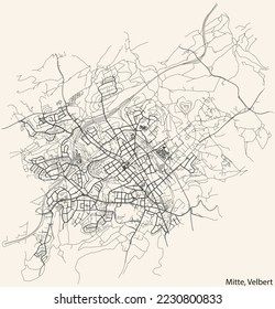Detailed navigation black lines urban street roads map of the VELBERT-MITTE MUNICIPALITY of the German regional capital city of Velbert, Germany on vintage beige background