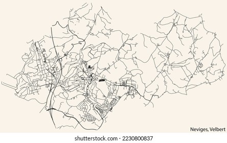 Detailed navigation black lines urban street roads map of the NEVIGES MUNICIPALITY of the German regional capital city of Velbert, Germany on vintage beige background