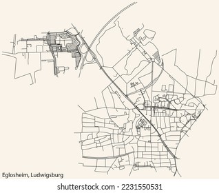 Detailed navigation black lines urban street roads map of the EGLOSHEIM MUNICIPALITY of the German regional capital city of LUDWIGSBURG, Germany on vintage beige background