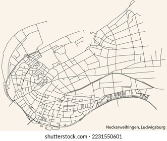 Detailed navigation black lines urban street roads map of the NECKARWEIHINGEN MUNICIPALITY of the German regional capital city of LUDWIGSBURG, Germany on vintage beige background
