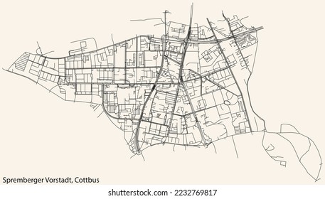 Detailed navigation black lines urban street roads map of the SPREMBERGER VORSTADT DISTRICT of the German town of COTTBUS, Germany on vintage beige background