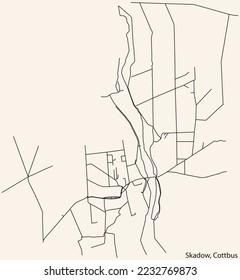 Detailed navigation black lines urban street roads map of the SKADOW DISTRICT of the German town of COTTBUS, Germany on vintage beige background