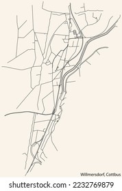 Detailed navigation black lines urban street roads map of the WILLMERSDORF DISTRICT of the German town of COTTBUS, Germany on vintage beige background