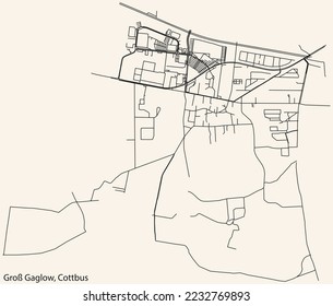 Mapa detallado de las líneas negras de navegación en las calles urbanas del DISTRITO GAGLOW GROSS de la ciudad alemana de COTTBUS, Alemania sobre el fondo beige vintage