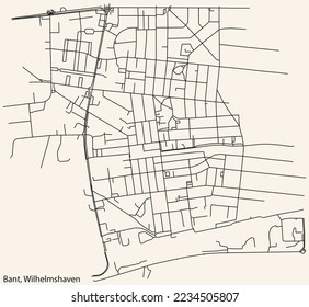Detailed navigation black lines urban street roads map of the BANT DISTRICT of the German town of WILHELMSHAVEN, Germany on vintage beige background