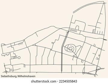 Detailed navigation black lines urban street roads map of the SIEBETHSBURG DISTRICT of the German town of WILHELMSHAVEN, Germany on vintage beige background