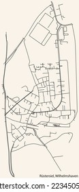 Detailed navigation black lines urban street roads map of the RÜSTERSIEL DISTRICT of the German town of WILHELMSHAVEN, Germany on vintage beige background