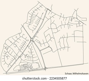 Mapa detallado de las líneas negras de navegación en las calles urbanas del DISTRITO SCHAAR de la ciudad alemana de WILHELMSHAVEN, Alemania sobre el fondo beige vintage
