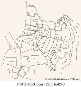 Detailed navigation black lines urban street roads map of the SCHÖNBLICK-WINKELWIESE DISTRICT of the German town of TÜBINGEN, Germany on vintage beige background