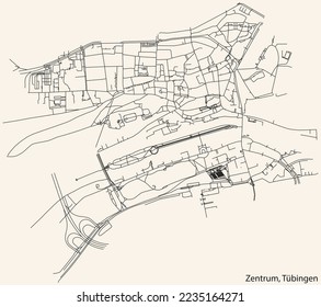 Detailed navigation black lines urban street roads map of the ZENTRUM DISTRICT of the German town of TÜBINGEN, Germany on vintage beige background