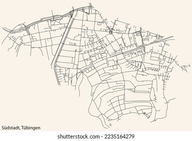 Detailed navigation black lines urban street roads map of the SÜDSTADT DISTRICT of the German town of TÜBINGEN, Germany on vintage beige background