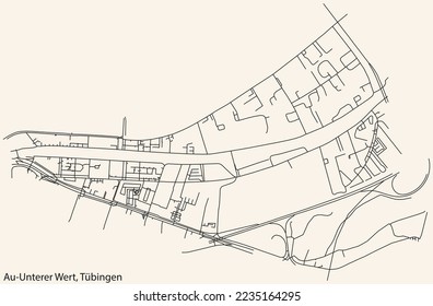 Detailed navigation black lines urban street roads map of the AU-UNTERER WERT DISTRICT of the German town of TÜBINGEN, Germany on vintage beige background