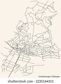 Detailed navigation black lines urban street roads map of the UNTERJESINGEN DISTRICT of the German town of TÜBINGEN, Germany on vintage beige background