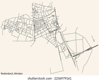 Detailed navigation black lines urban street roads map of the RODENBECK QUARTER of the German town of MINDEN, Germany on vintage beige background