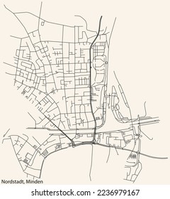 Mapa detallado de las líneas negras de navegación en las calles urbanas del barrio NORDSTADT de la ciudad alemana de MINDEN, Alemania sobre el fondo beige vintage