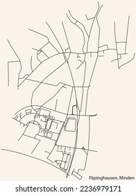 Detailed navigation black lines urban street roads map of the PÄPINGHAUSEN QUARTER of the German town of MINDEN, Germany on vintage beige background