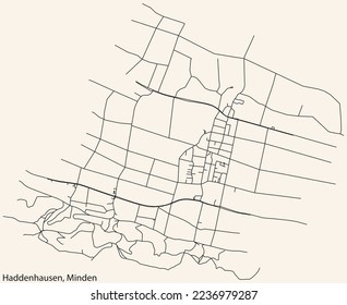 Detailed navigation black lines urban street roads map of the HADDENHAUSEN QUARTER of the German town of MINDEN, Germany on vintage beige background