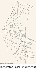 Detailed navigation black lines urban street roads map of the KUTENHAUSEN QUARTER of the German town of MINDEN, Germany on vintage beige background