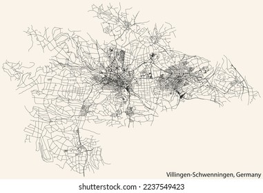 Detailed navigation black lines urban street roads map of the German town of VILLINGEN-SCHWENNINGEN, GERMANY on vintage beige background