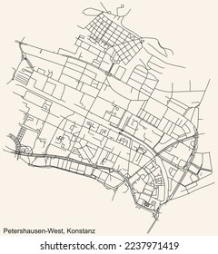 Detailed navigation black lines urban street roads map of the PETERSHAUSEN-WEST QUARTER of the German town of KONSTANZ, Germany on vintage beige background