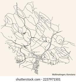 Detailed navigation black lines urban street roads map of the WOLLMATINGEN QUARTER of the German town of KONSTANZ, Germany on vintage beige background