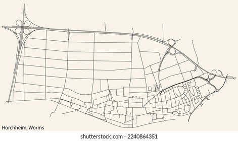 Detailed navigation black lines urban street roads map of the HORCHHEIM QUARTER of the German town of WORMS, Germany on vintage beige background