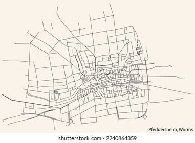 Detailed navigation black lines urban street roads map of the PFEDDERSHEIM QUARTER of the German town of WORMS, Germany on vintage beige background