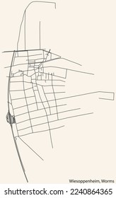 Detailed navigation black lines urban street roads map of the WIESOPPENHEIM QUARTER of the German town of WORMS, Germany on vintage beige background